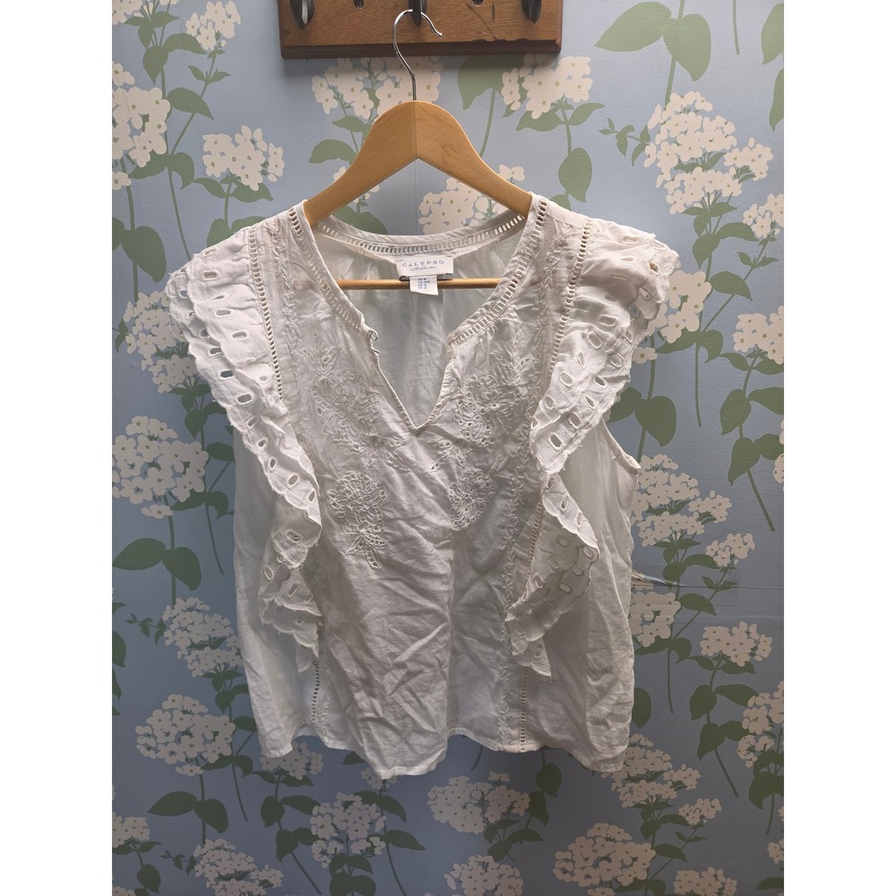 Calypso St Barth White Embroidered Eyelet Ruffle Cotton Blouse Medium